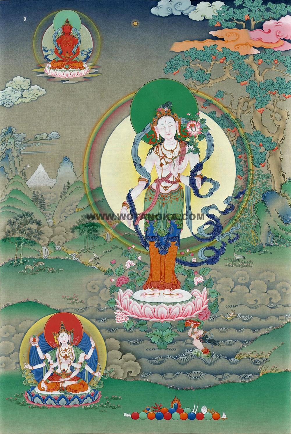 |已结缘·可定制|唐卡寄卖编号:JM·189-226495-水中莲白度母龙女献宝长寿尊吉祥如意长寿供养图(彩唐)