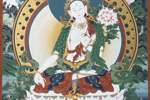 ｜已结缘·可定制｜唐卡寄卖编号：JM·189-242097-白度母水中莲台吉祥天罗伞盖吉祥长寿供养图（彩唐）