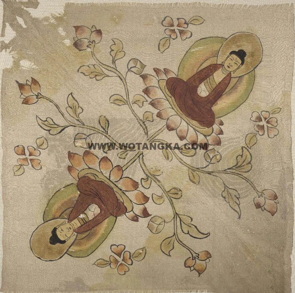 沃唐卡编号AC15384：暗花绫地彩绘莲座佛像幡头