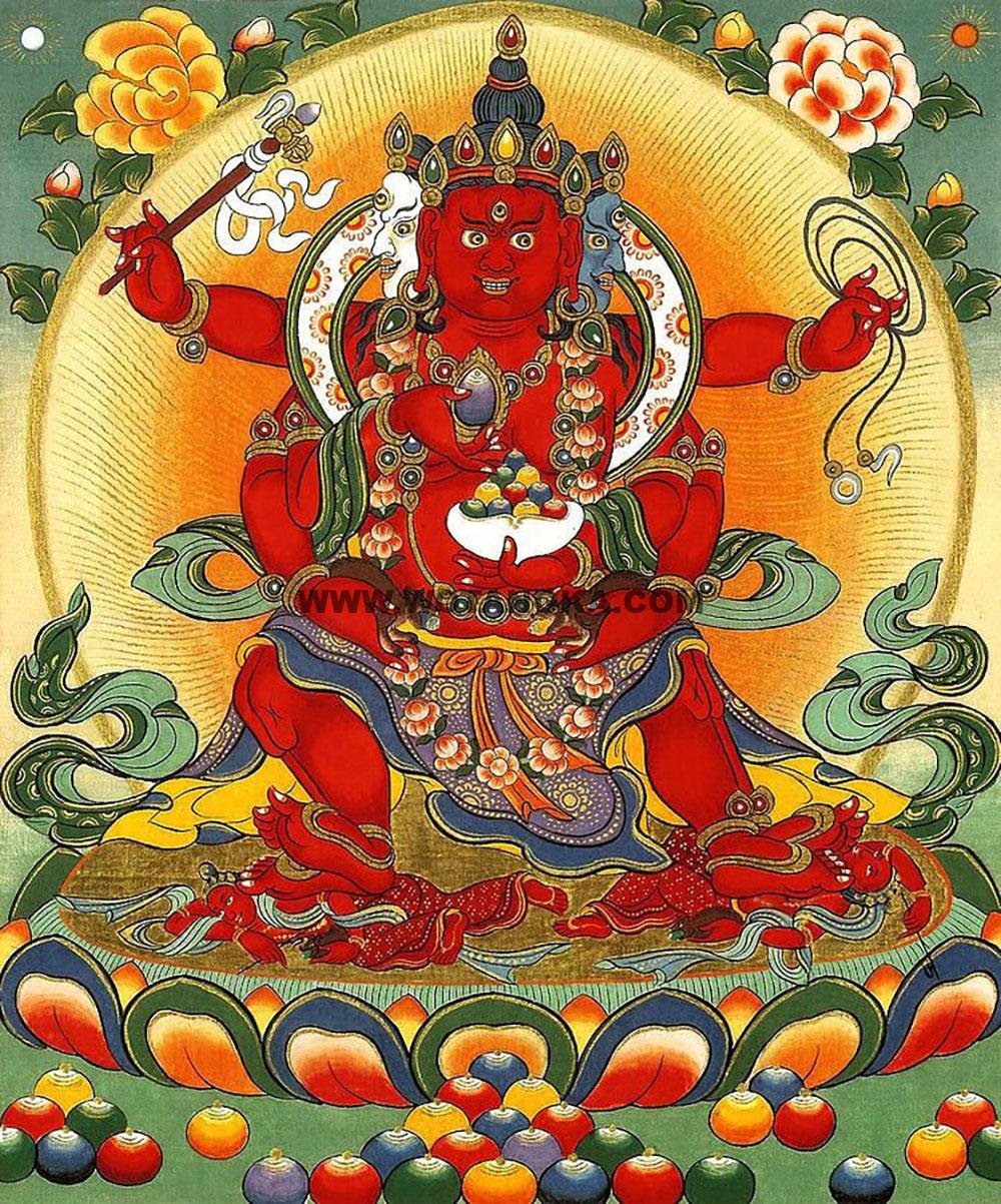 沃唐卡编号AC82196：三面六臂红财神（萨迦派）