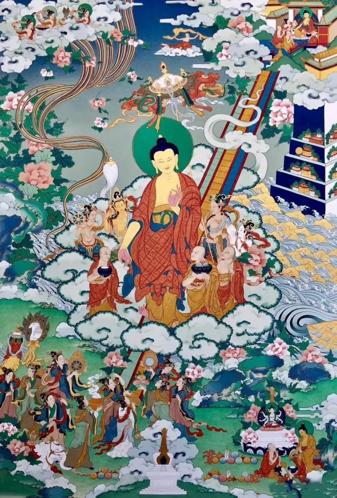 沃唐卡编号AC93245：释迦牟尼佛八相成道图之降兜率