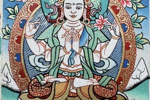 编号118-2854963：彩绘小唐卡-四臂观音（长方形·5*4CM左右）