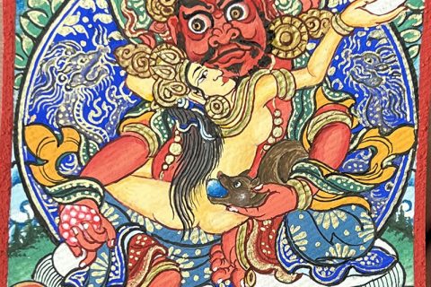 编号118-3952718：彩绘小唐卡-红财神·双身相（长方形·5*4CM左右）