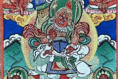 编号118-9912679：彩绘小唐卡-极密红茅多闻天王（长方形·5*4CM左右）