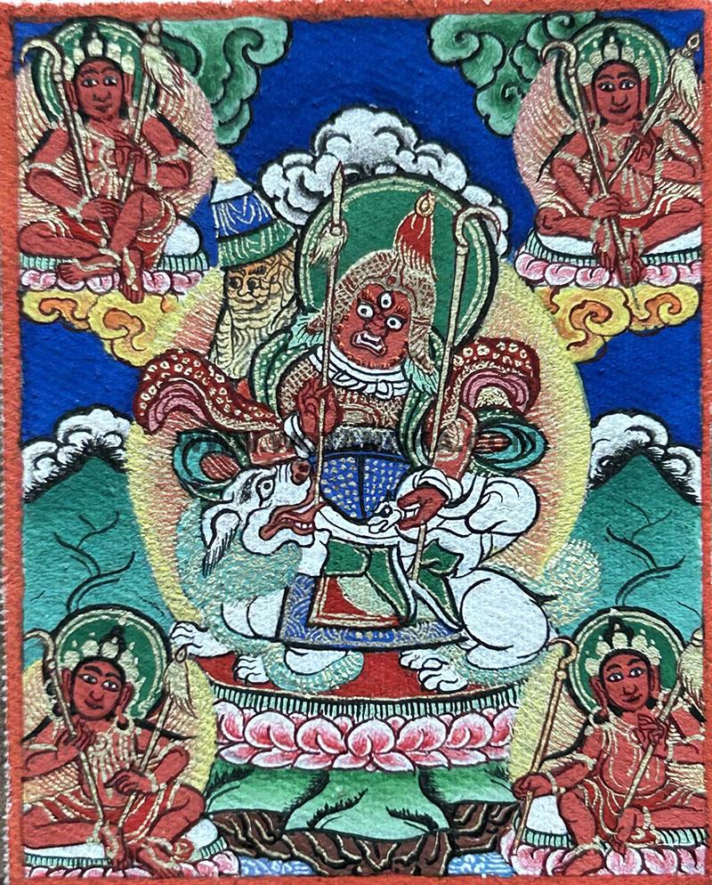 编号118-9912679：彩绘小唐卡-极密红茅多闻天王（长方形·5*4CM