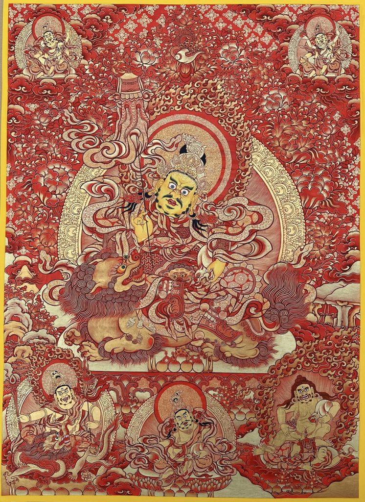 ｜已结缘·可定制｜唐卡寄卖编号：JM·189-467797-财宝天王五色财神众鸿运花纹吉祥财富供养图（红唐）