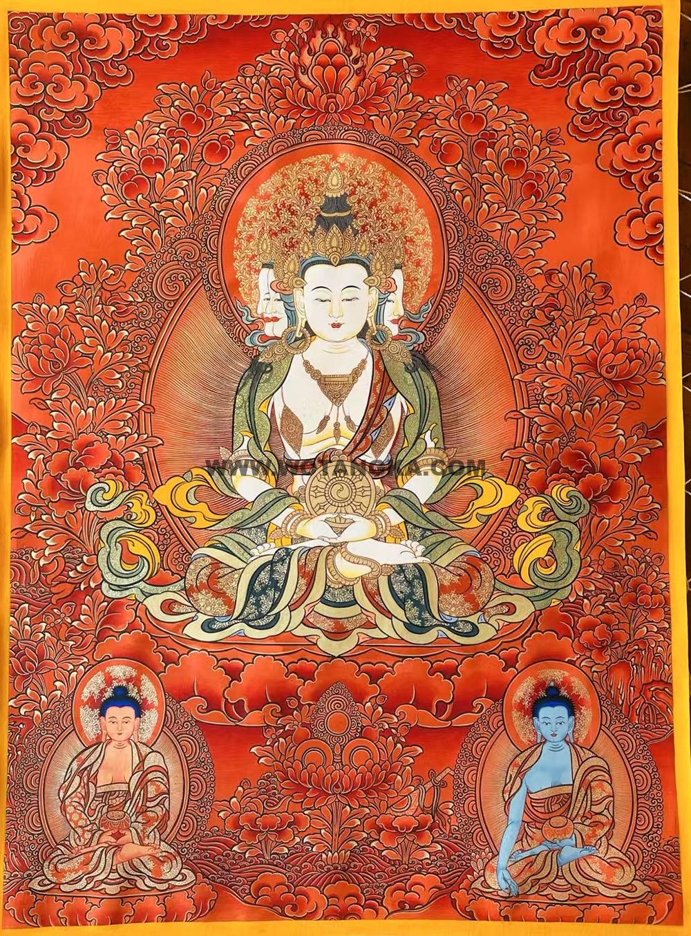热贡-尼玛次仁·画院:红金唐卡-四面大日如来(80*60CM左右)