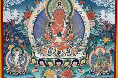 编号189-502056：彩绘唐卡-长寿佛·长寿三尊（100*70CM左右）