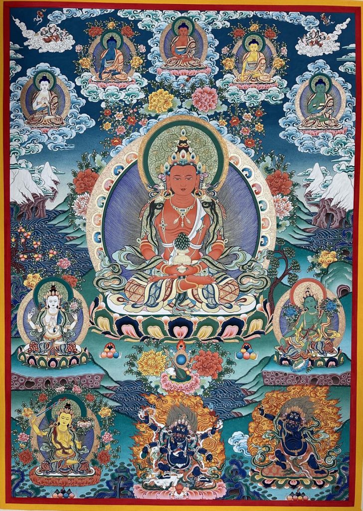 编号189-502056：彩绘唐卡-长寿佛·长寿三尊（100*70CM左右）