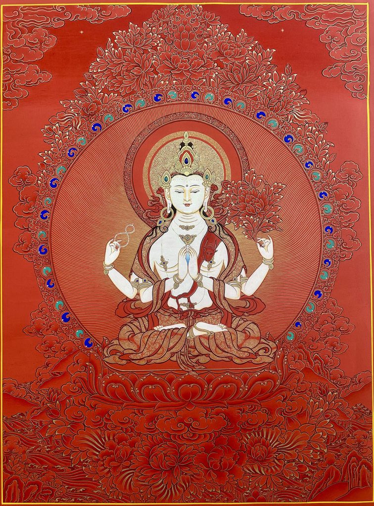 ｜已结缘·可定制｜唐卡寄卖编号：JM·189-538876-四臂观音二重鸿运光轮吉祥平安供养图（红唐）