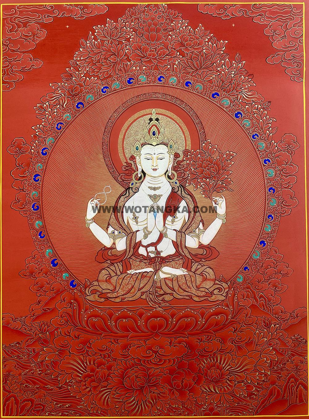 |已结缘·可定制|唐卡寄卖编号:JM·189-538876-四臂观音二重鸿运光轮吉祥平安供养图(红唐)