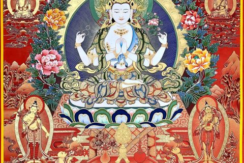 编号189-542020：红金唐卡-四臂观音·三怙主（100*70CM左右）