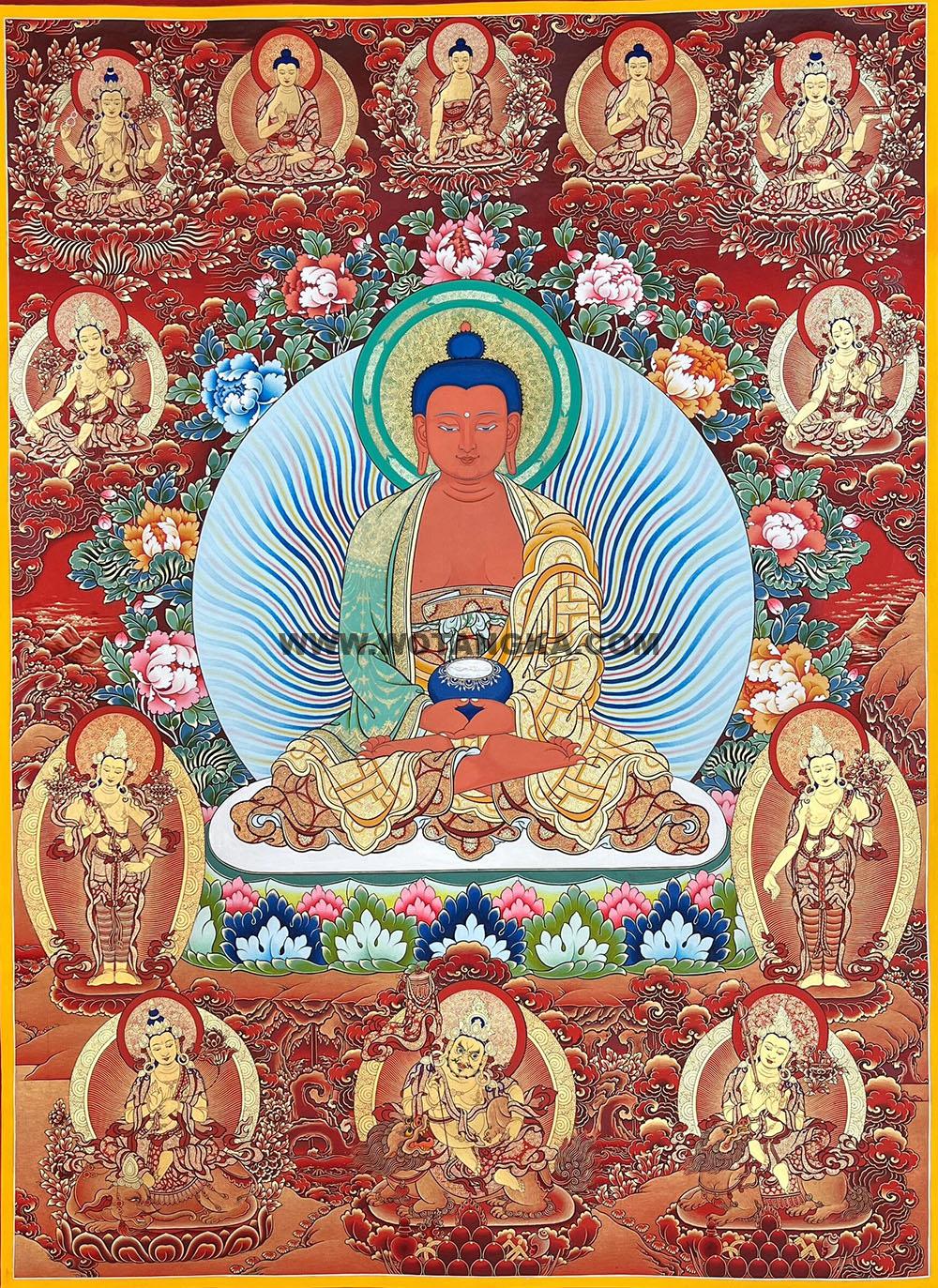 |已结缘·可定制|唐卡寄卖编号:JM·189-552119-阿弥陀佛三圣天界诸佛菩萨平安如意财富供养图(红唐)