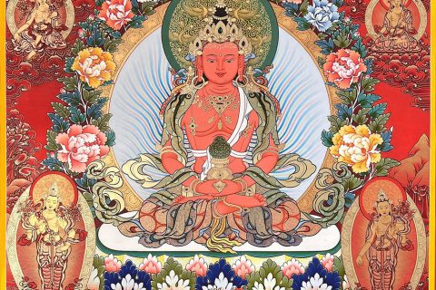 编号189-553979：红金唐卡-长寿佛·长寿三尊（100*70CM左右）