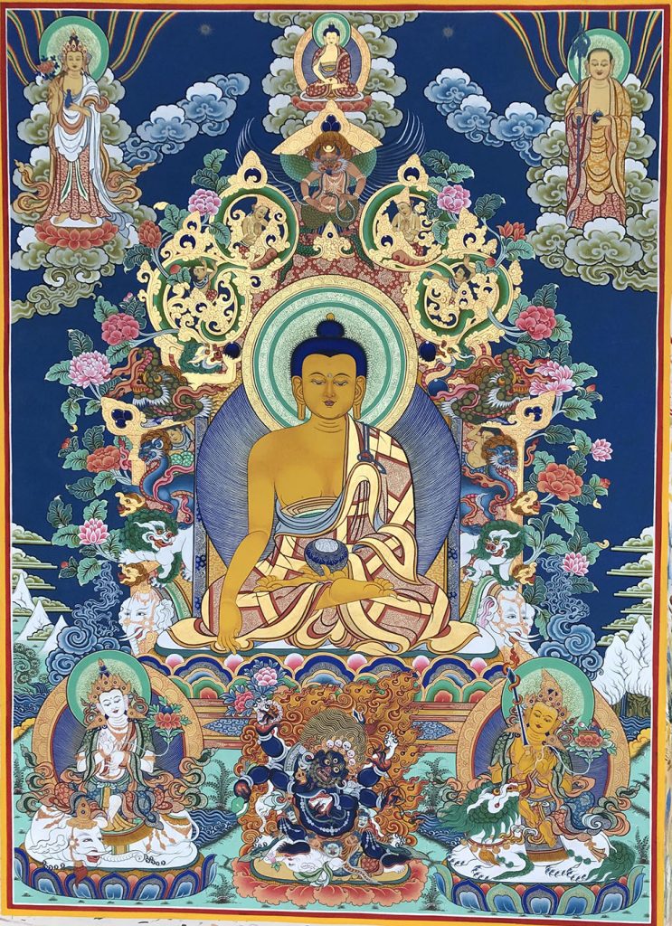 ｜已结缘·可定制｜唐卡寄卖编号：JM·189-592100-释迦牟尼佛蟠龙六灵宝座吉祥如意平安供养图（彩唐）