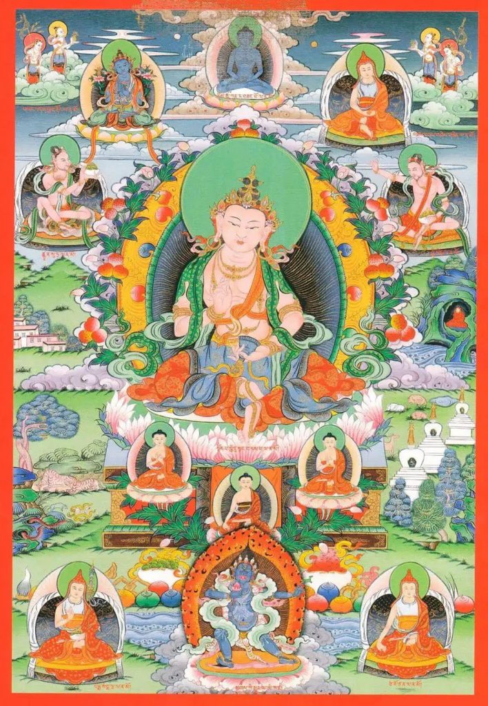 沃唐卡编号AC13698：扎西持林大圆满经堂十二本师像·第一具喜天处童子名殊胜显相不可思议佛