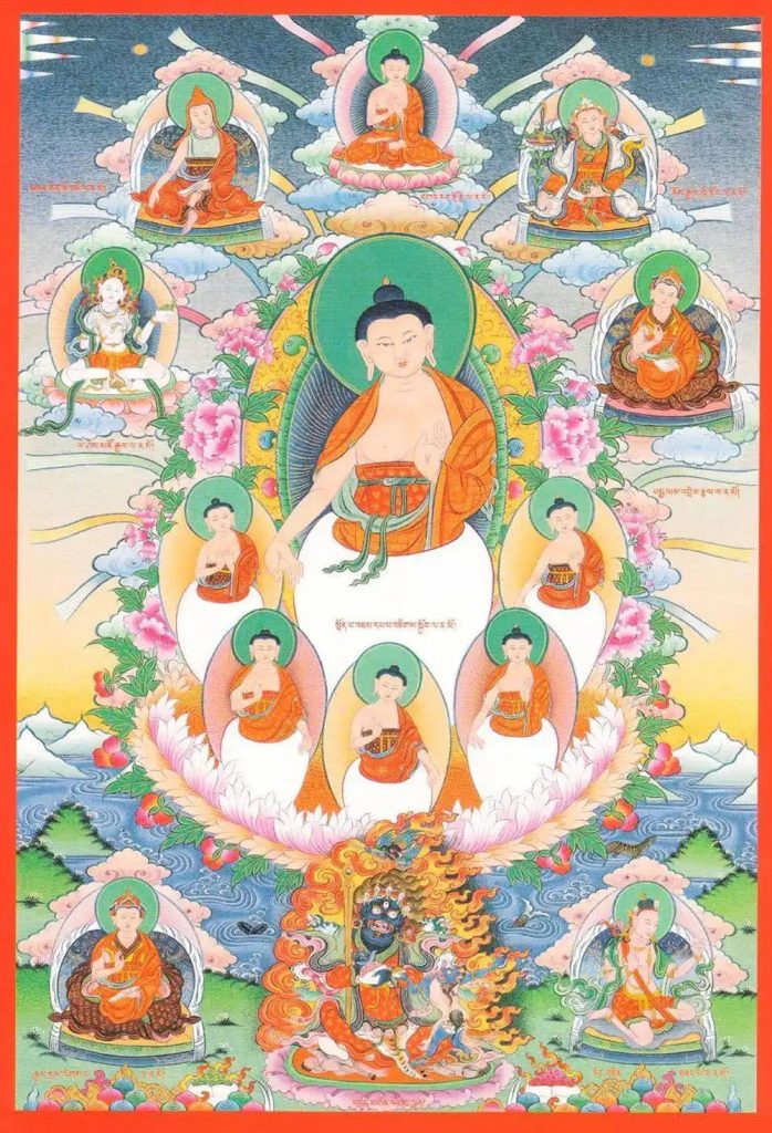沃唐卡编号AC14679：扎西持林大圆满经堂十二本师像·第三温润聚合光蕴中本师名为救护怖畏意