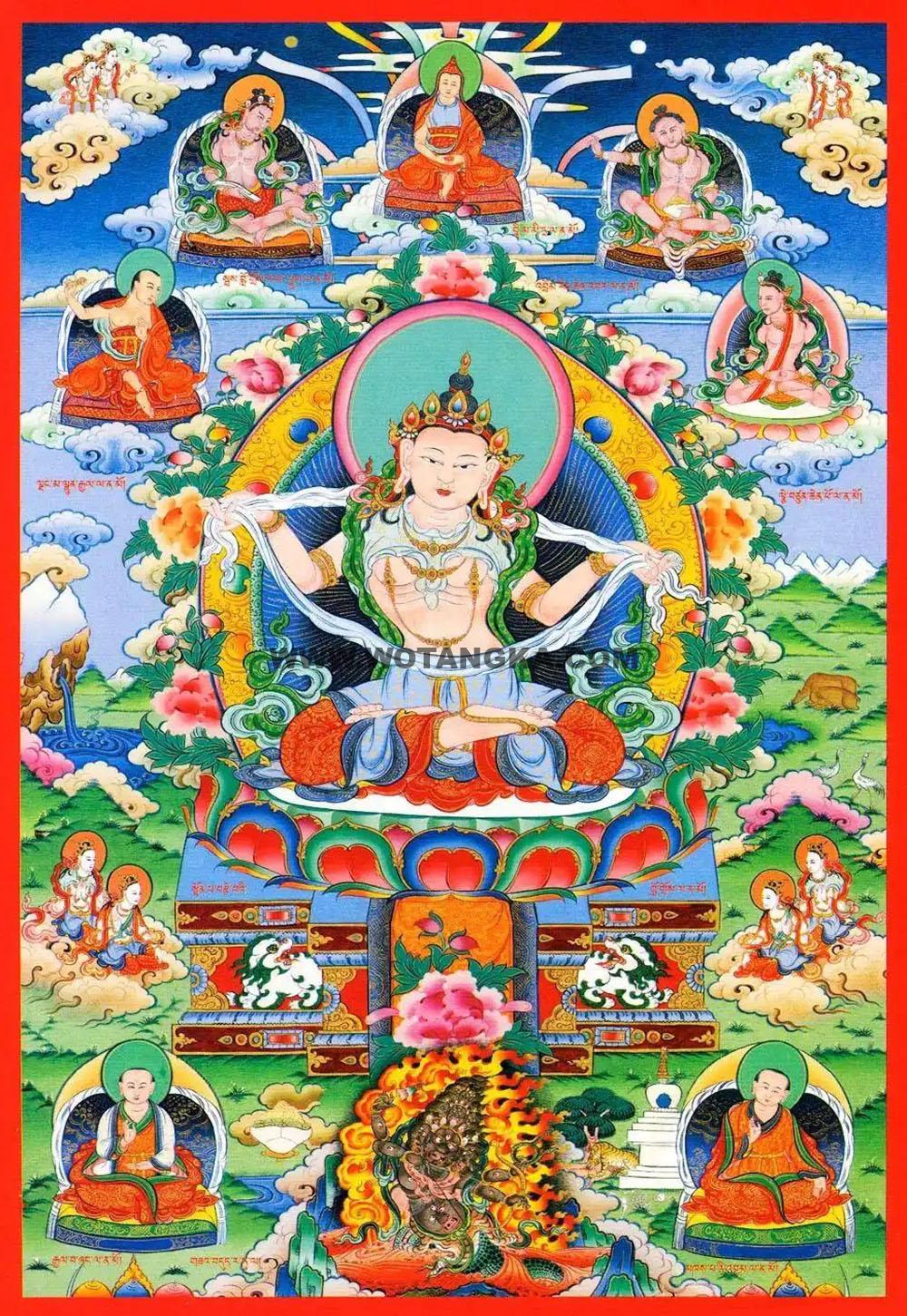 沃唐卡编号AC14789：扎西持林大圆满经堂十二本师像·第四欲生胎内显现中名为童子游戏大悲及