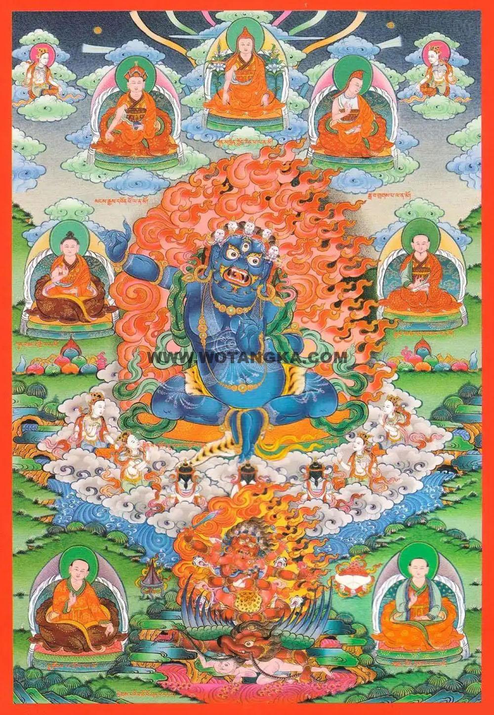 沃唐卡编号AC16239：扎西持林大圆满经堂十二本师像·第六炽燃火山尸陀林本师童子勇士具力名