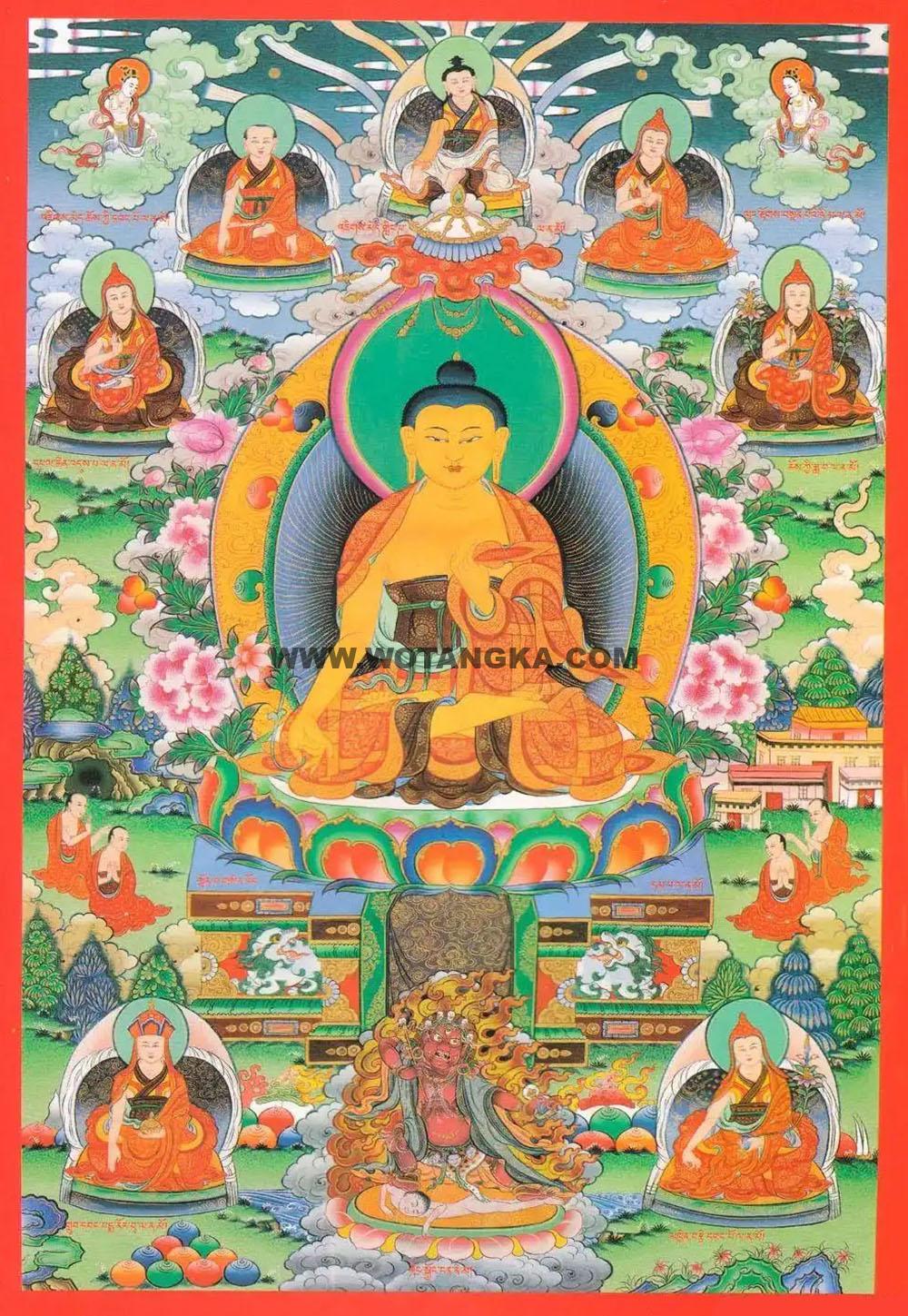 沃唐卡编号AC24968：扎西持林大圆满经堂十二本师像·第八位于灵鹫山之上本师名为罗汉胜金光