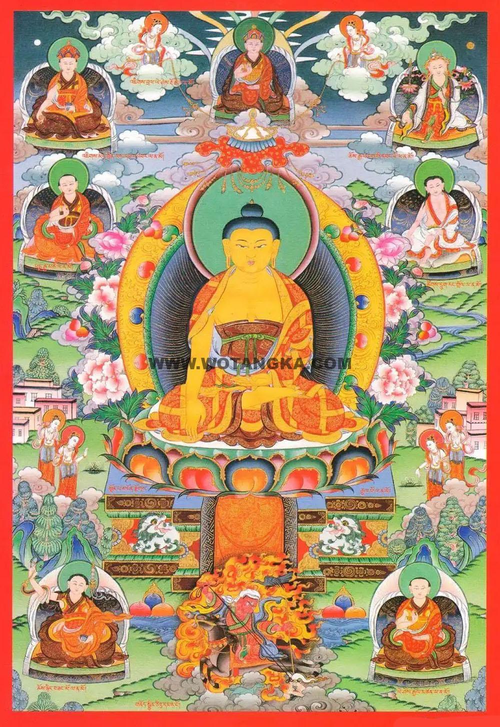 沃唐卡编号AC25936：扎西持林大圆满经堂十二本师像·十一金刚座之神树前本师名为圆满国政王