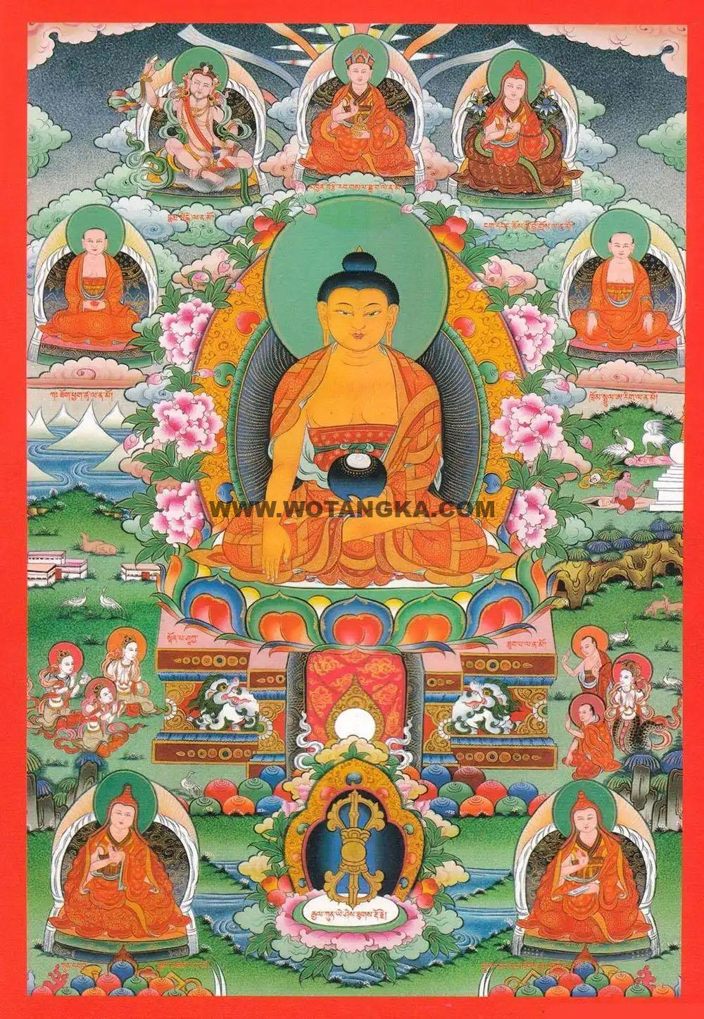 沃唐卡编号AC27384：扎西持林大圆满经堂十二本师像·十二位于给孤独园处本师名为释迦牟尼佛