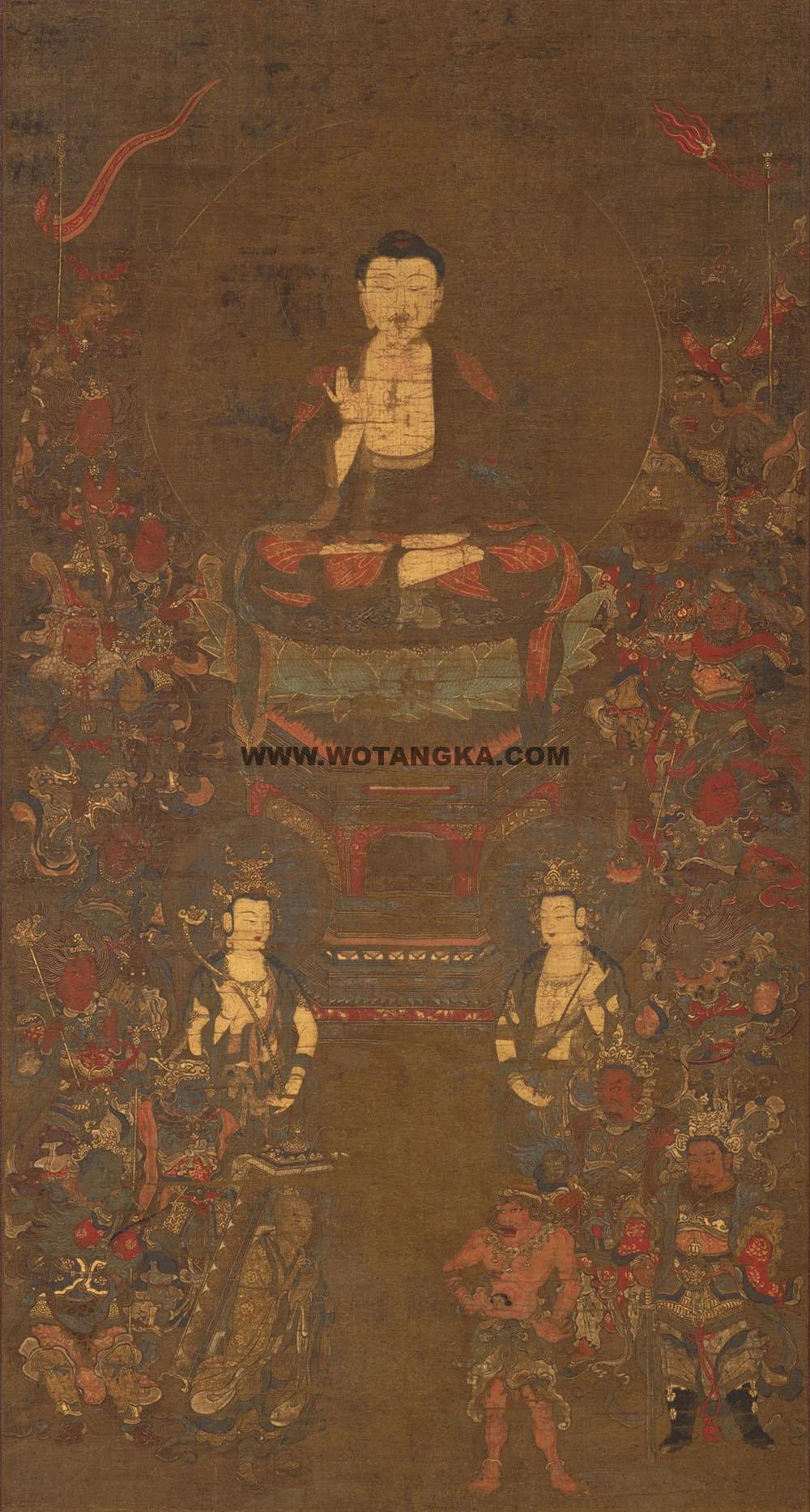 沃唐卡编号AC47952：释迦三尊与十六善神图