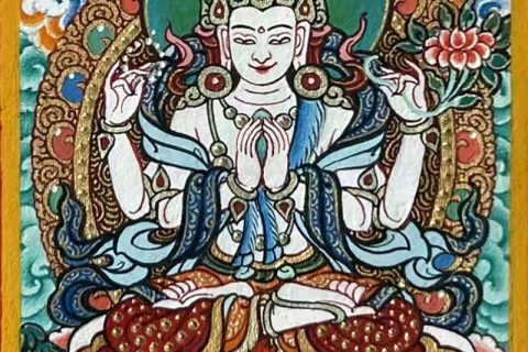 编号118-5163842：彩绘小唐卡-四臂观音（长方形·5*4CM左右）