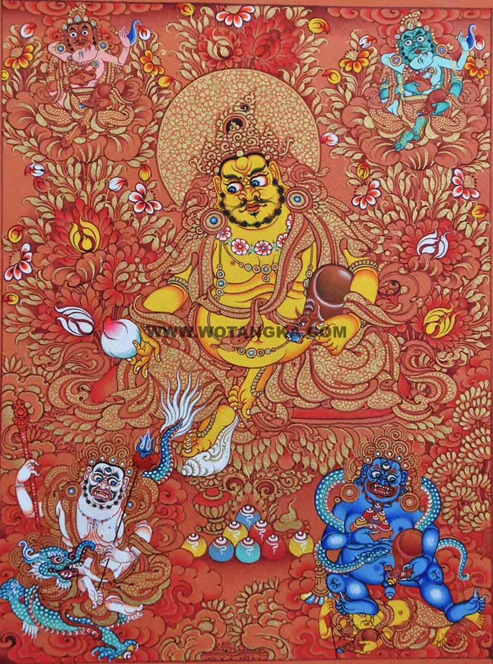 |已结缘·可定制|唐卡寄卖编号:JM·189-635601-黄财神五色财神众鸿运富贵花匝嘎利(红唐)