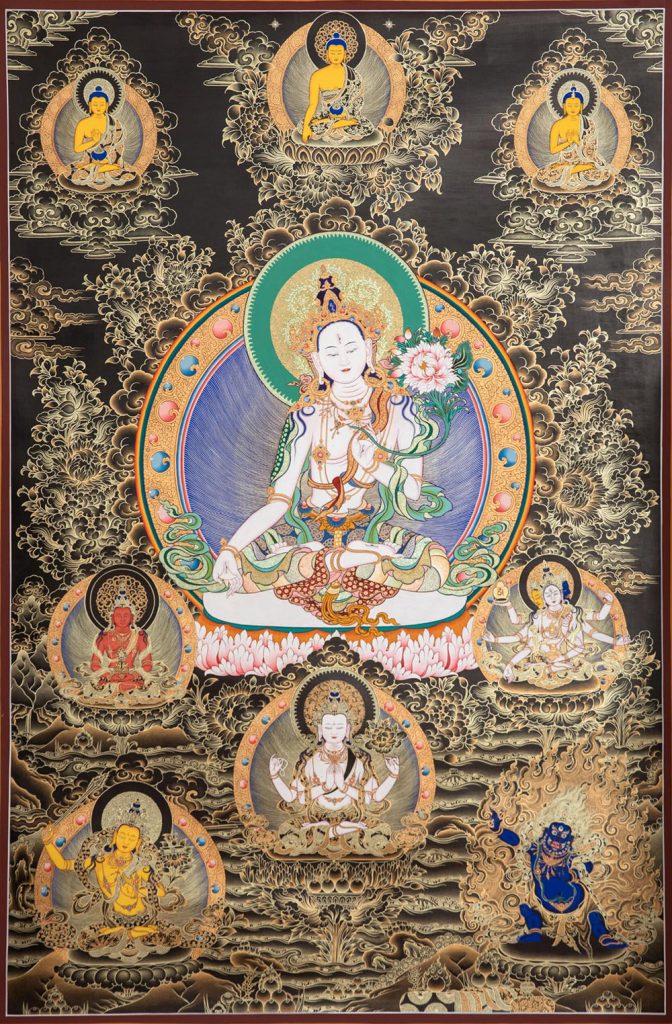 热贡-南木·画院：黑金唐卡-白度母·长寿三尊（100*70CM左右）