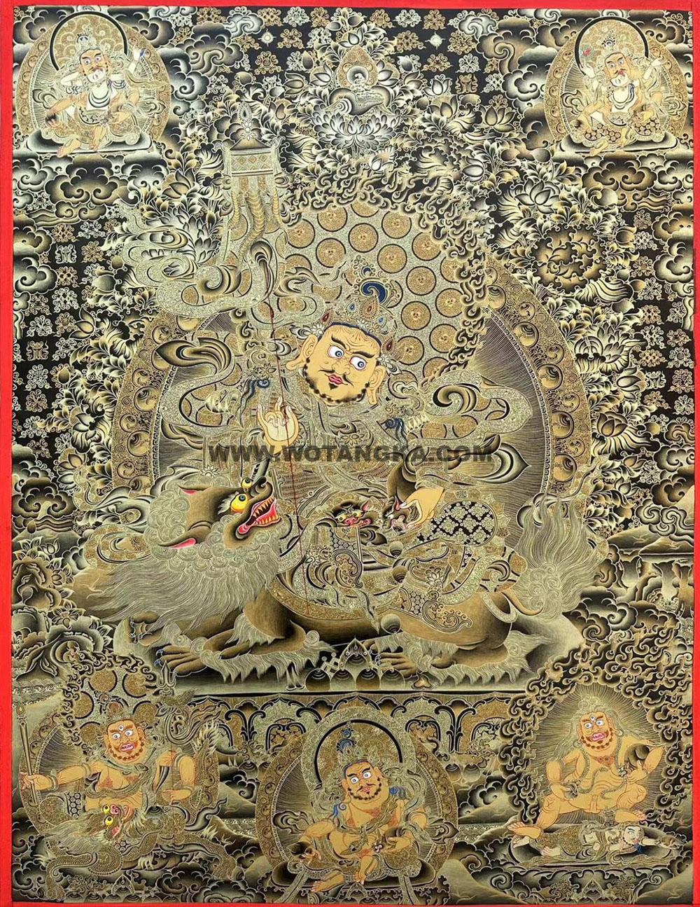 ｜已结缘·可定制｜唐卡寄卖编号：JM·189-711982-财宝天王五色财神众黑金八宝纹吉祥财富供养图（黑唐）