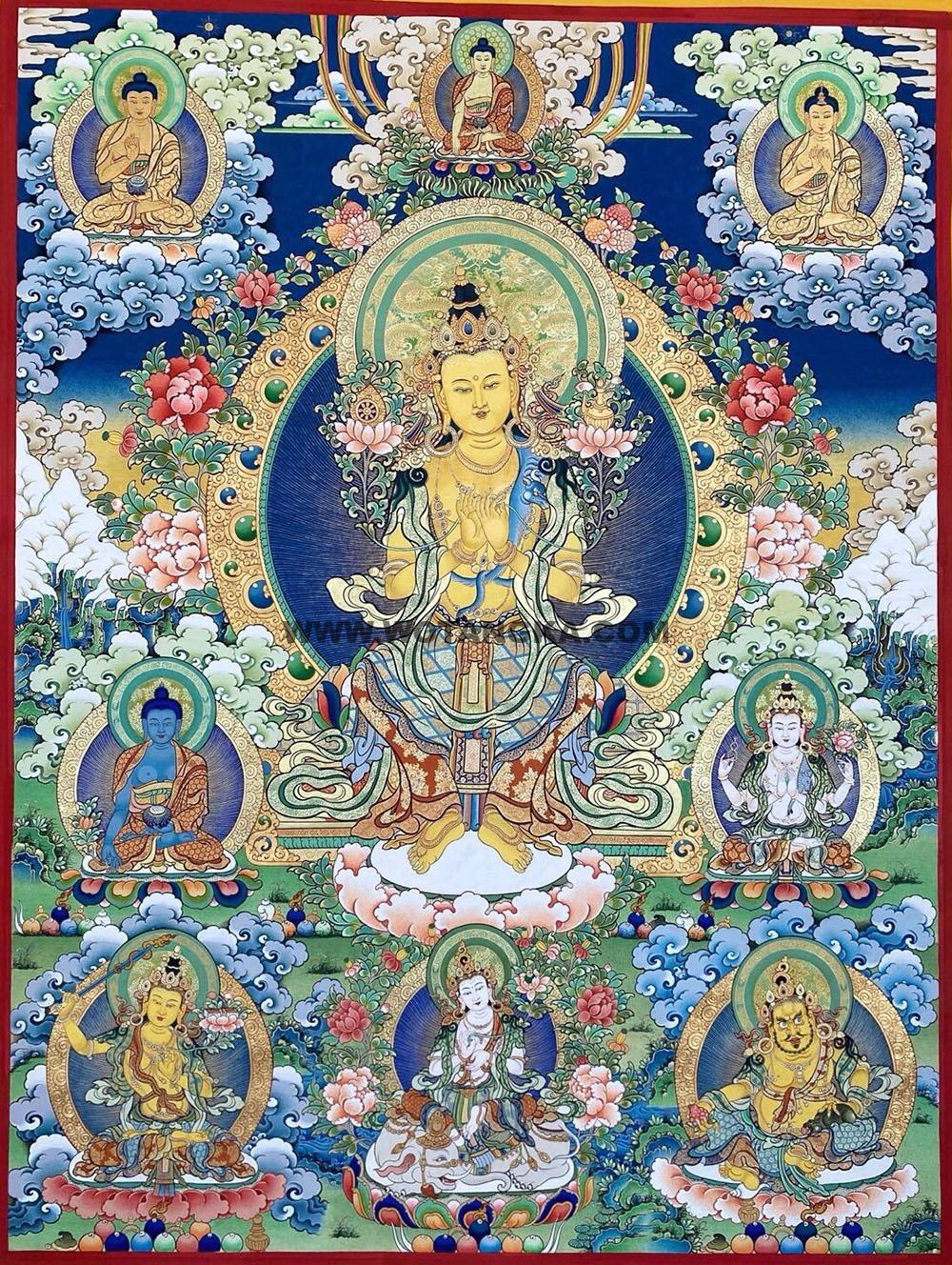 ｜已结缘·可定制｜唐卡寄卖编号：JM·189-726788-弥勒菩萨天界三世佛三大菩萨吉祥未来佛如意供养图（彩唐）