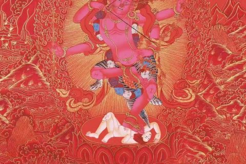 编号138-384526：红金唐卡-作明佛母·大红三尊（76*51CM左右）