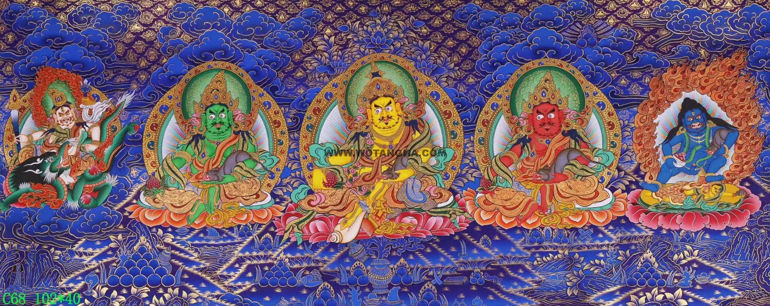 编号138-451789：蓝金唐卡-黄财神·五方财神（40*102CM左右）