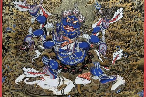 编号189-785579：黑金唐卡-六臂玛哈嘎拉（100*70CM左右）