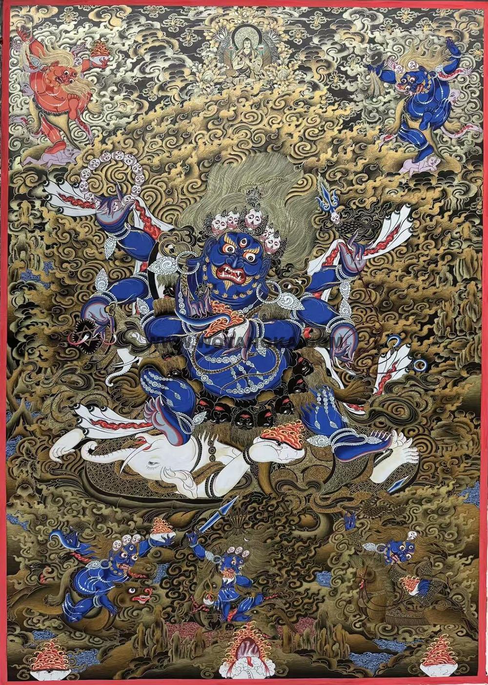 ｜已结缘·可定制｜唐卡寄卖编号：JM·188-837196-六臂玛哈嘎拉大黑天五部众宗喀巴大师化现吉祥本尊供养图（黑唐）