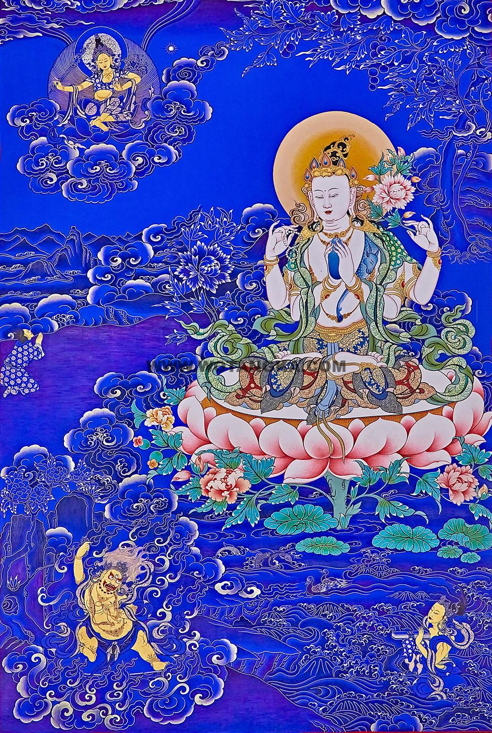 热贡-南木·画院:蓝金唐卡-四臂观音(70*50CM左右)