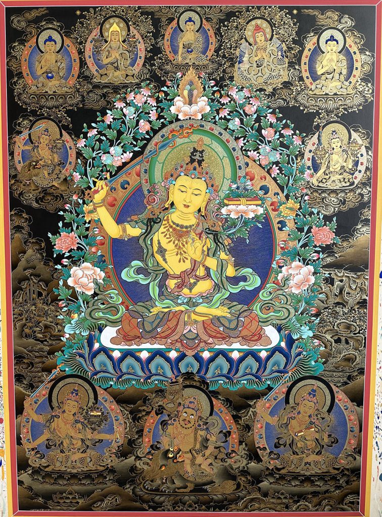 热贡-南木·画院：黑金唐卡-文殊菩萨·五部文殊（100*70CM左右）