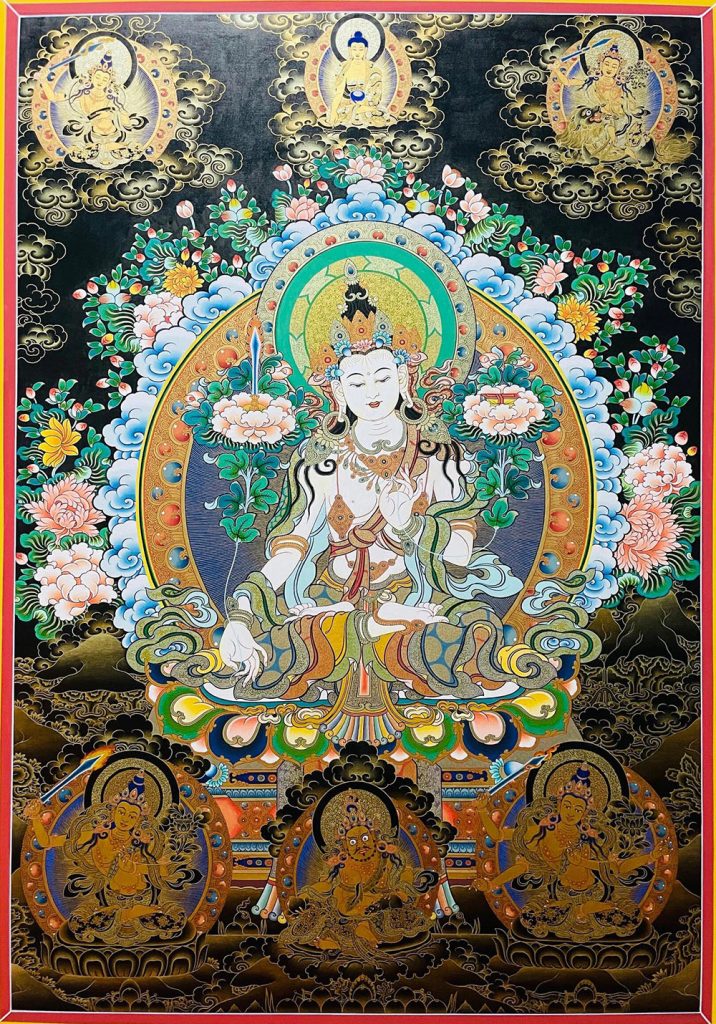 编号189-827283：黑金唐卡-白文殊菩萨·五部文殊（80*60CM左右）