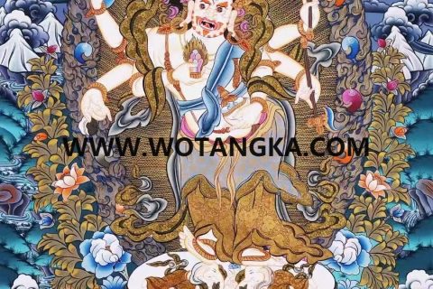 编号138-361719：彩绘唐卡-白六臂玛哈嘎拉·五方财神（74*53CM左右）