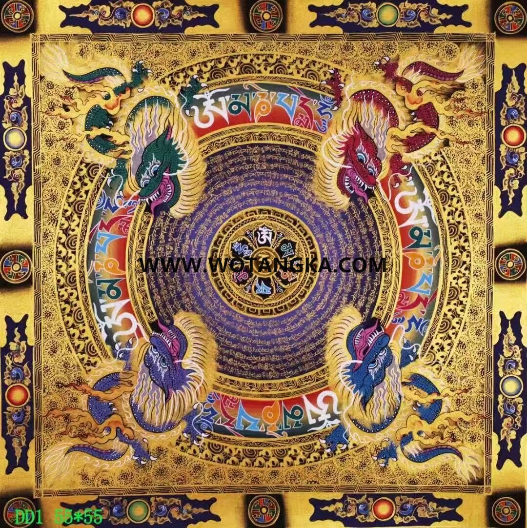 编号138-619743：黑金唐卡-六字真言龙坛城（55*55CM左右）