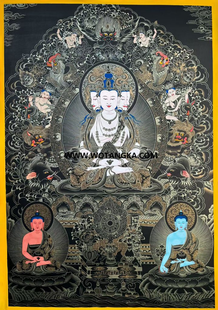 热贡-南木·画院：黑金唐卡-四面大日如来（60*45CM左右）
