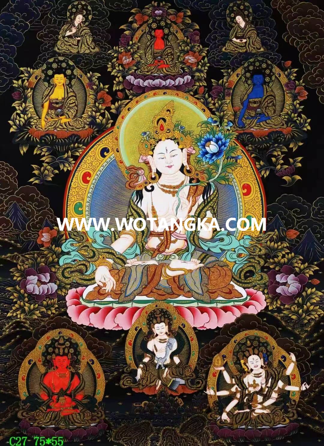 编号138-153329：黑金唐卡-白度母·长寿三尊（75*55CM左右）