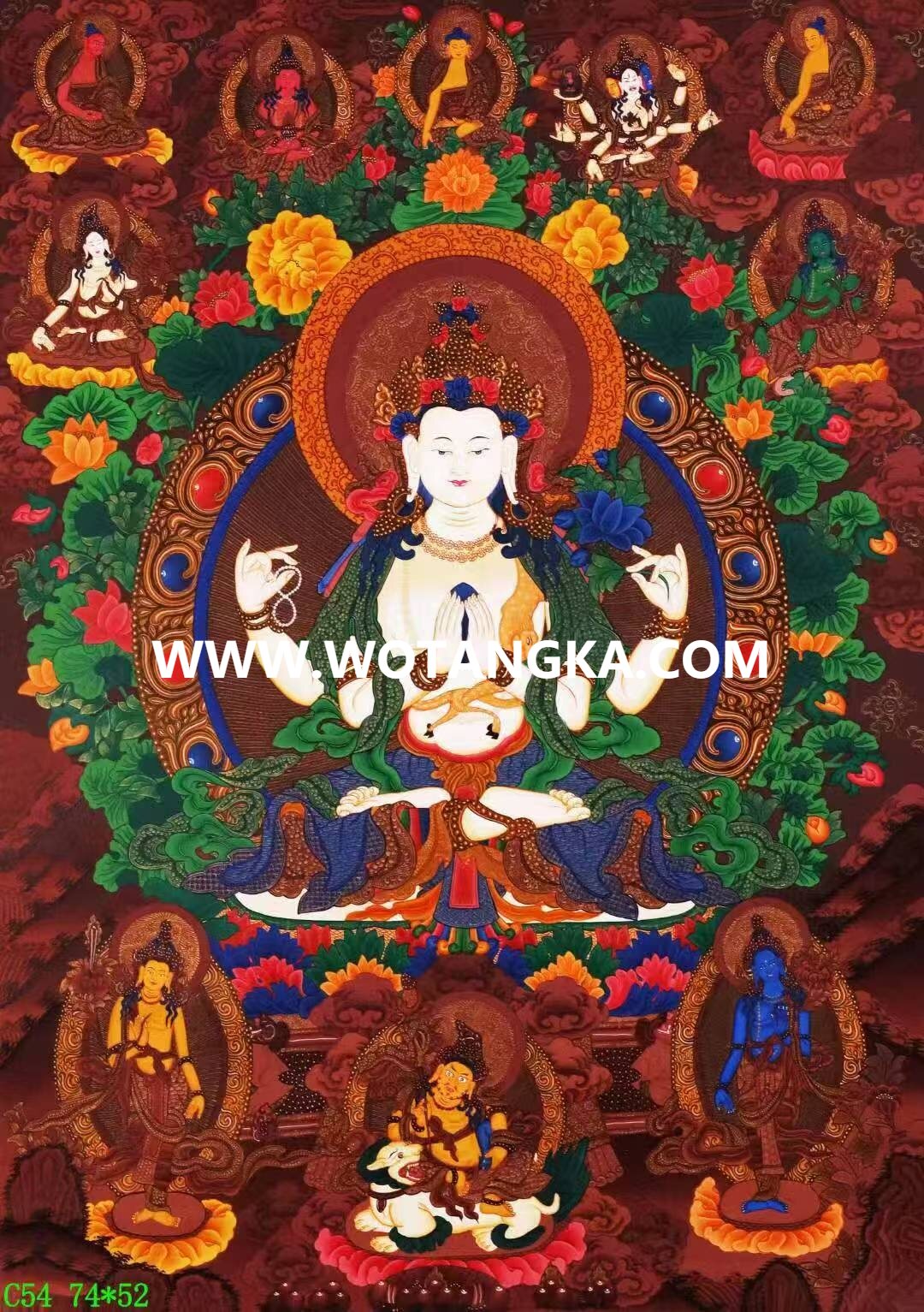 编号138-232383：彩绘唐卡-四臂观音·三怙主（74*52CM左右） | 沃