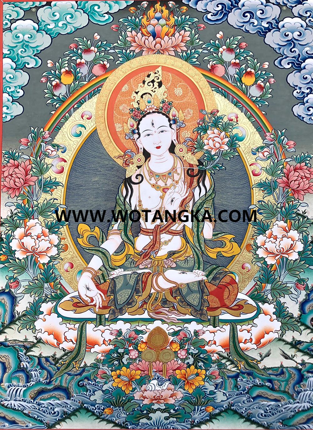 ｜已结缘·可定制｜唐卡寄卖编号：JM·189-274638-白度母吉祥花金轮供吉祥长寿供养图（彩唐）