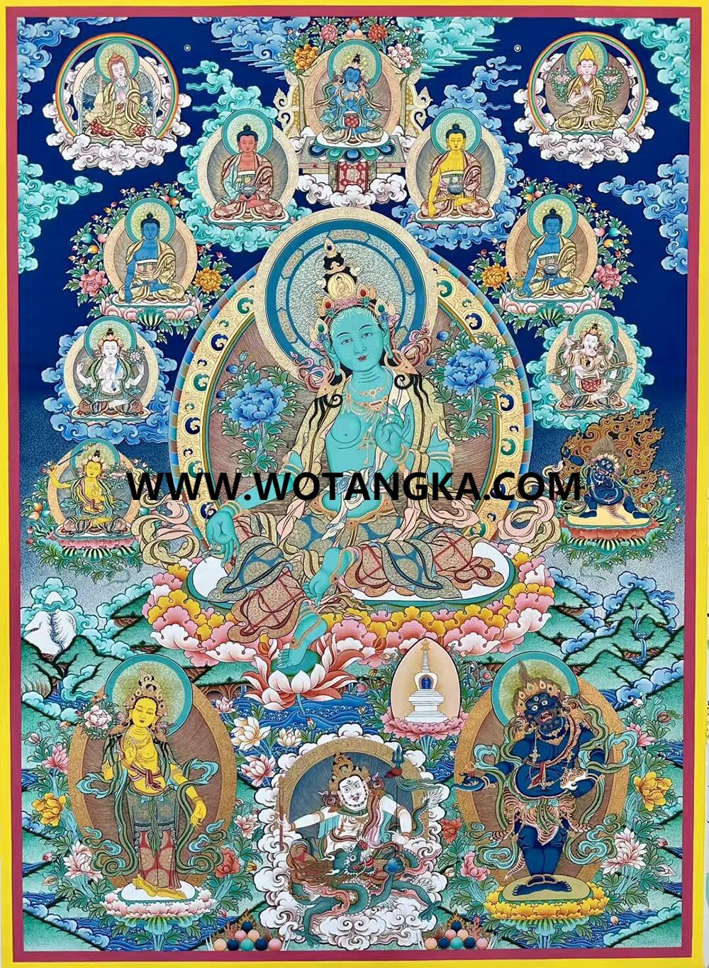 ｜已结缘·可定制｜唐卡寄卖编号：JM·189-274956-绿度母诸天佛菩萨尊二法界吉祥财富平安供养图（彩唐）