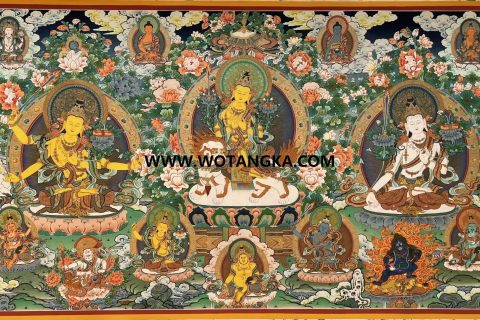 ｜已结缘·可定制｜唐卡寄卖编号：JM·189-356819-文殊菩萨五部文殊众天界三佛五财神吉祥智慧财富供养图（彩唐）