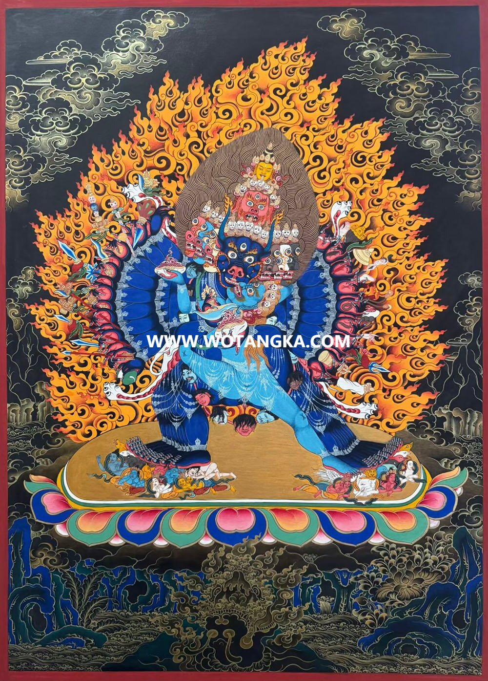 ｜已结缘·可定制｜唐卡寄卖编号：JM·189-385716-大威德金刚忿怒烈焰吉祥本尊供养图（黑唐）