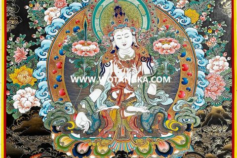 编号189-385719：黑金唐卡-白文殊菩萨·五部文殊（80*60CM左右）