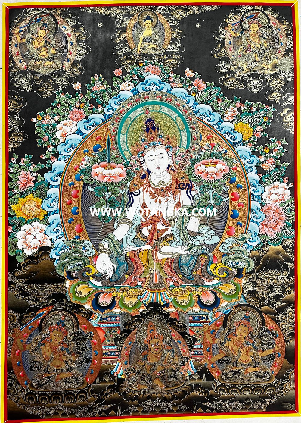 编号189-385719：黑金唐卡-白文殊菩萨·五部文殊（80*60CM左右）